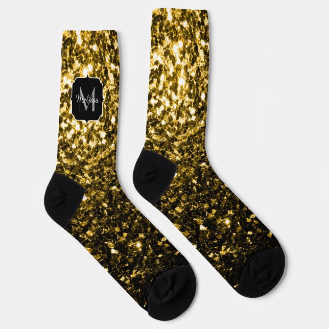 Dunkelgoldgelbe Imitate Glitzer Glitzern Monogram Socken (Rechts)