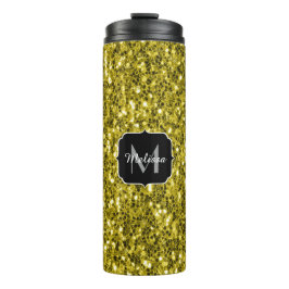 Dunkelgoldgelbe Imitate Glitzer Glitzern Monogram Thermosbecher