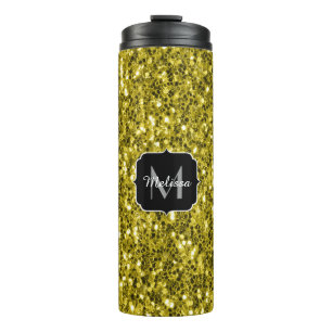 Dunkelgoldgelbe Imitate Glitzer Glitzern Monogram Thermosbecher