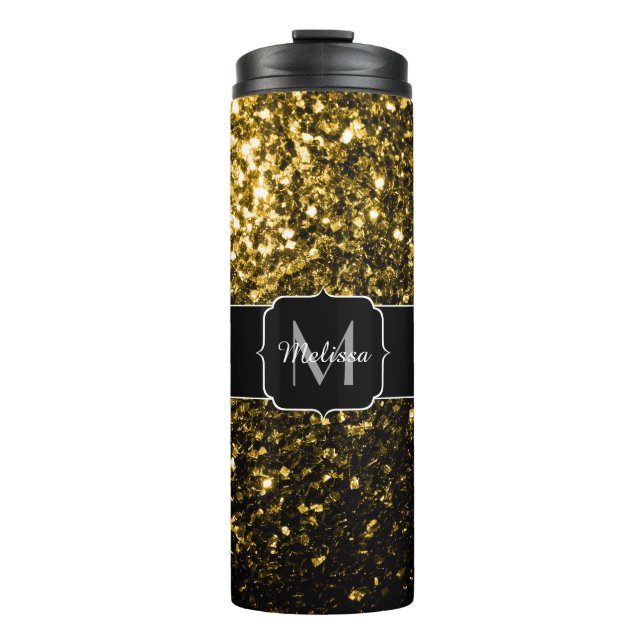 Dunkelgoldgelbe Imitate Glitzer Glitzern Monogram Thermosbecher (Vorderseite)