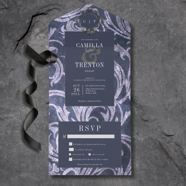 Dunkelgotische Antike Lila Damaskenmahlzeit All In One Einladung (Also available with a QR code or without dinner selection options.)