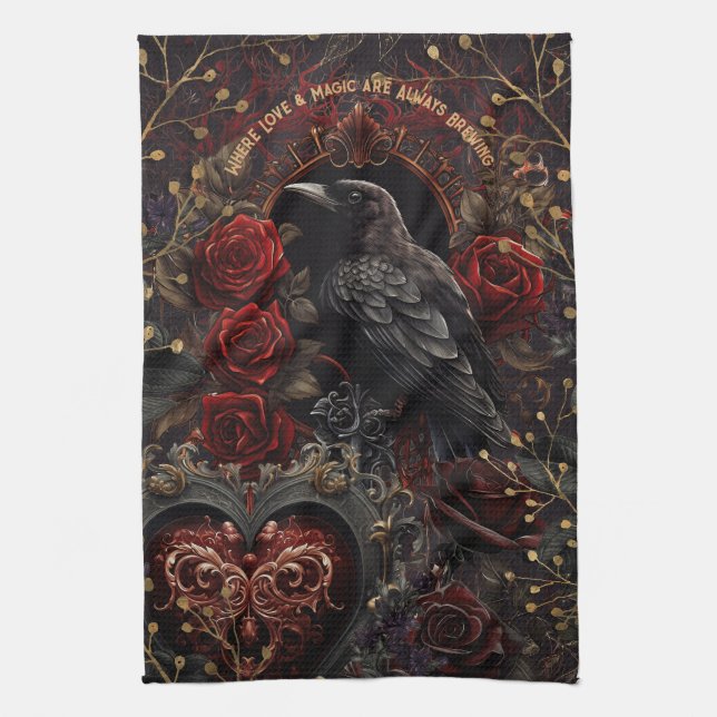Dunkelgotische Beauty-Rote Rosen Black Crow Raven  Geschirrtuch (Vertikal)