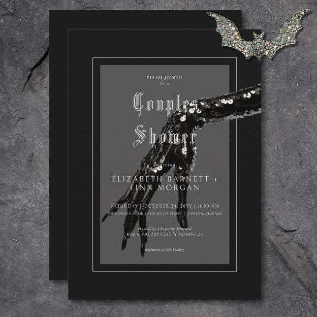 Dunkelgotische Black Sequin Hand Couples Dusche Einladung (Dark Gothic Black Sequin Hand Couples Shower Invitation)