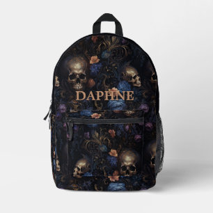 Dunkelgotische Blume & Skulls Monogramm Bedruckter Rucksack