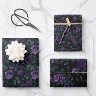 Dunkelgotische Blumenmuster mit tiefen Lila Rose Geschenkpapier Set