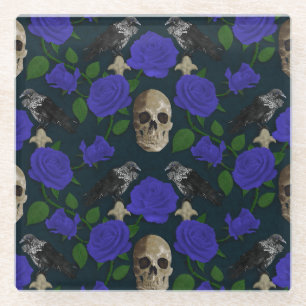 Dunkelgotische grungy Rose Vines Raven Skull blue Glasuntersetzer