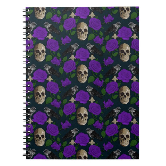 Dunkelgotische Grungy Rose Vines Raven Skull lila Notizblock (Vorderseite)