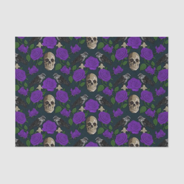 Dunkelgotische Grungy Rose Vines Raven Skull lila Seidenpapier (Vorderseite)