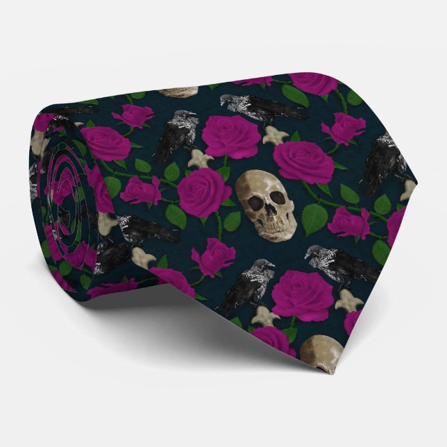 Dunkelgotische grungy Rose Vines Raven Skull pink Krawatte (Gerollt)