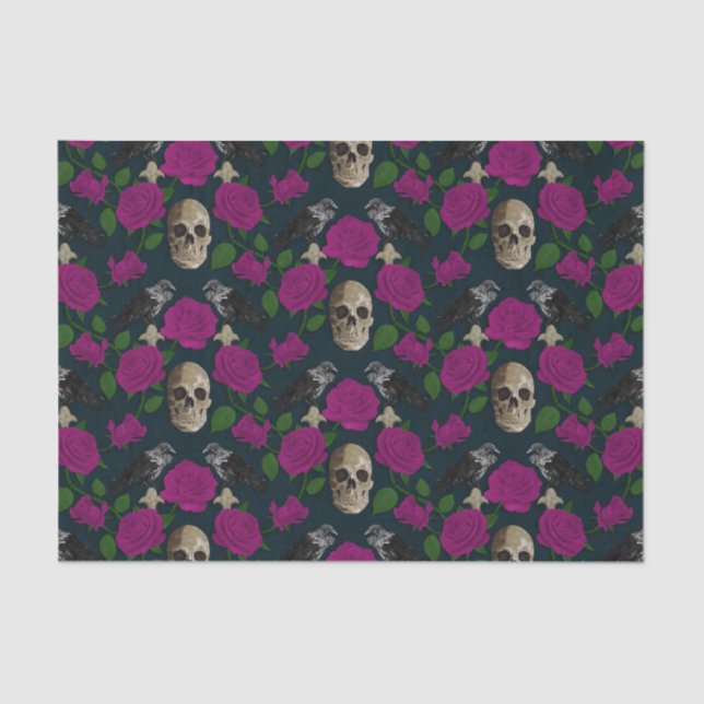 Dunkelgotische grungy Rose Vines Raven Skull pink Seidenpapier (Vorderseite)