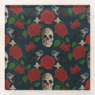Dunkelgotische grungy Rose Vines Raven Skull rot Glasuntersetzer