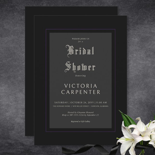 Dunkelgotische Minimal Schwarz und Lila Brautparty Einladung (Dark Gothic Minimal Black & Purple Bridal Shower Invitation)