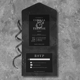 Dunkelgotische Schwarz-Schwarz-Schwarz-Flora-Satin All In One Einladung