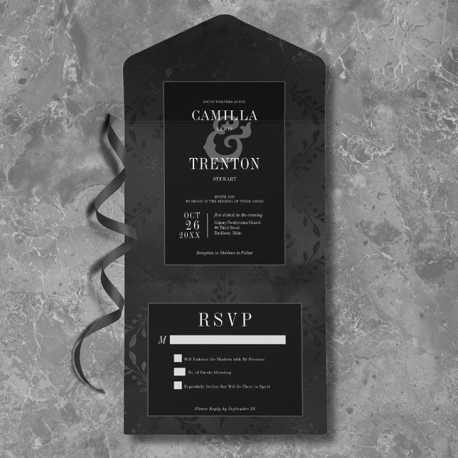 Dunkelgotische Schwarz-Schwarz-Schwarz-Flora-Satin All In One Einladung (Von Creator hochgeladen)