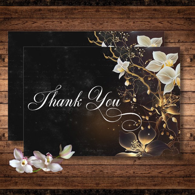 Dunkelgotische Schwarz-Weiß-Orchideen-Zauber Hochz Dankeskarte (Dark Gothic Black & White Orchid Spells Wedding Thank You Card)