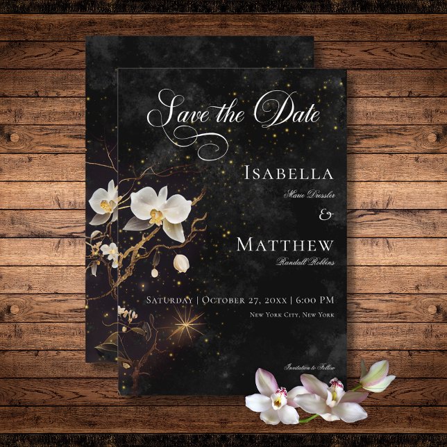 Dunkelgotische Schwarz-Weiß-Orchideen-Zauber Hochz Save The Date (Dark Gothic Black & White Orchid Spells Wedding Save The Date Card)