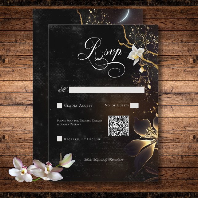 Dunkelgotische Schwarz-Weiß-Orchideen-Zauber QR-Co RSVP Karte (Dark Gothic Black & White Orchid Spells QR Code RSVP Card)