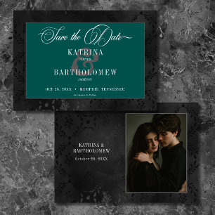 Dunkelgotische Schwarze Blütenmatte Damask Aquamar Save The Date