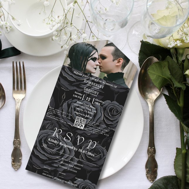 Dunkelgotische schwarze Rose, florales QR-Code-Fot All In One Einladung (Von Creator hochgeladen)