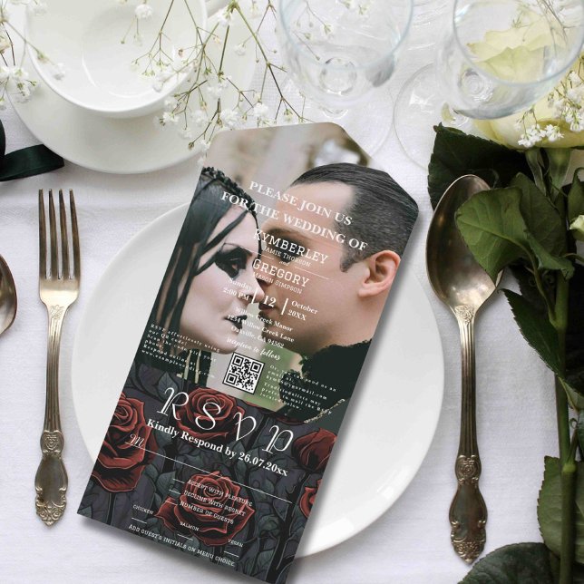 Dunkelgotische schwarze Rote Rose, florales QR-Cod All In One Einladung (Von Creator hochgeladen)