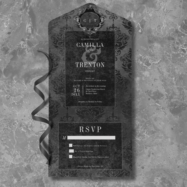 Dunkelgotische schwarze und schwarze Damaskus Kein All In One Einladung (Dark Gothic Black & Black Damask No Dinner All In One Invitation)