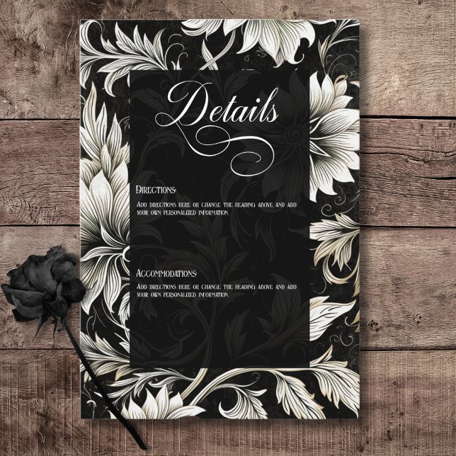Dunkelgotische Vintage Schwarz-Weiß-Damaskus Begleitkarte (Dark Gothic Vintage Black & White Floral Damask Wedding Details Enclosure Card)
