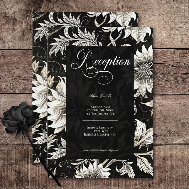 Dunkelgotische Vintage Schwarz-Weiß-Damaskus Begleitkarte (Dark Gothic Vintage Black & White Floral Damask Wedding Reception Enclosure Card)
