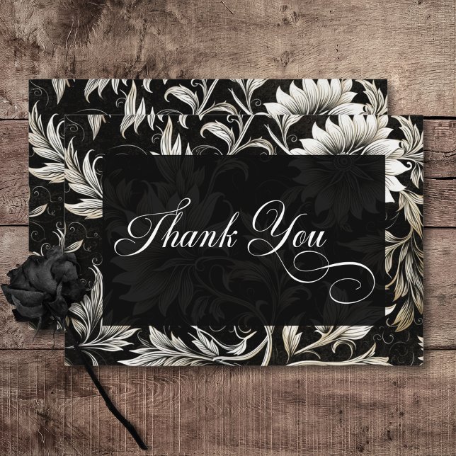 Dunkelgotische Vintage Schwarz-Weiß-Damaskus Dankeskarte (Dark Gothic Vintage Black & White Floral Damask Wedding Thank You Card)