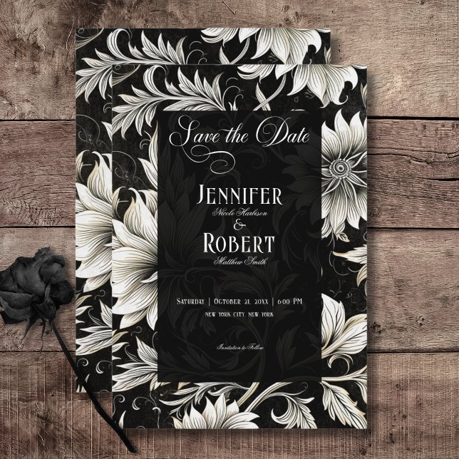 Dunkelgotische Vintage Schwarz-Weiß-Damaskus Save The Date (Dark Gothic Vintage Black & White Floral Damask Wedding Save the Date Card)