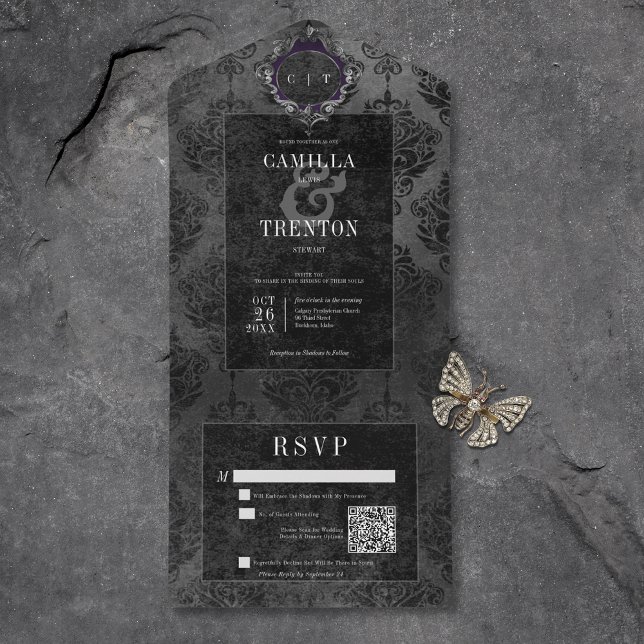 Dunkelgotischer schwarzer Damast QR-Code All In One Einladung (Also available without a QR code; with or without dinner selection options.)