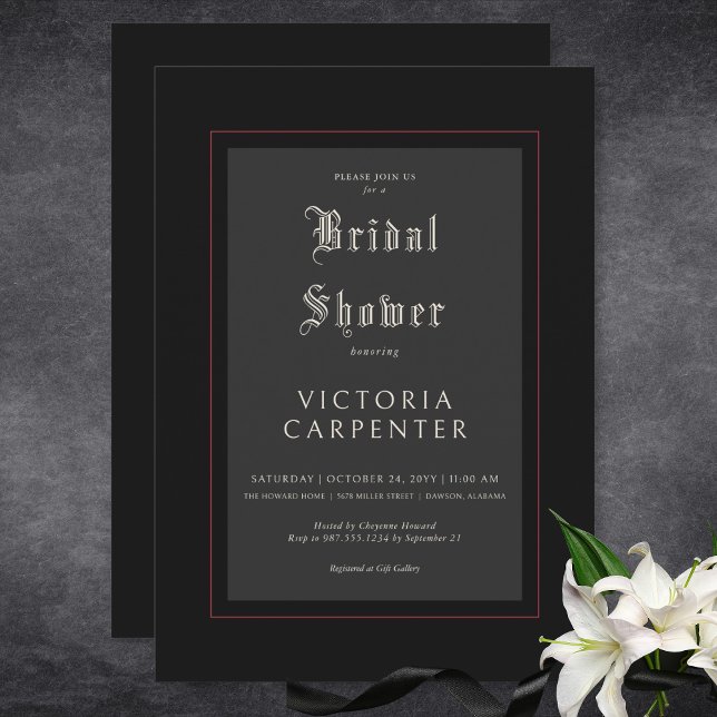 Dunkelgotisches Minimal Schwarz & Rotes Brautparty Einladung (Dark Gothic Minimal Black & Red Bridal Shower Invitation)