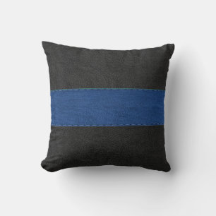 Dunkelgrau & Blau genähtes Lederdruck Kissen