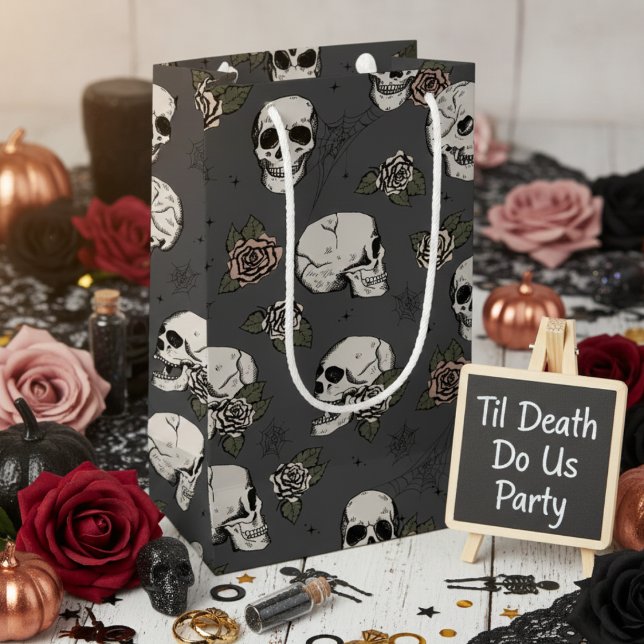 Dunkelgrau Elegant Dark Halloween Skull Kleine Geschenktüte (Elegant Dark Gray Floral Skull Hallowedding Gift Bags for Her. Spooky Gothic Halloween Skull Pattern)