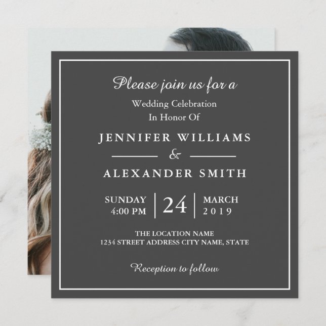 Dunkelgrau Elegantes Foto Einladung zur Hochzeit (Vorne/Hinten)
