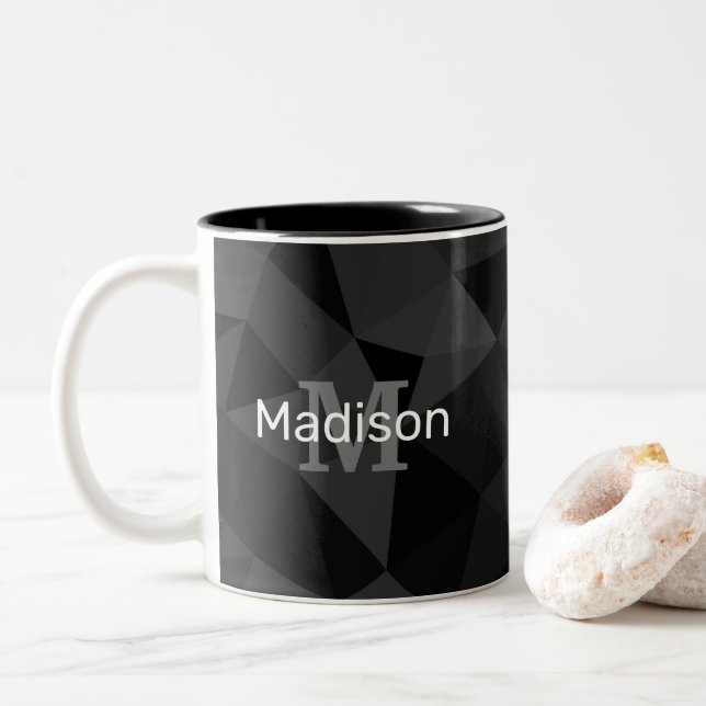 Dunkelgrau, geometrisches Maschenmuster Monogram Zweifarbige Tasse (Mit Donut)