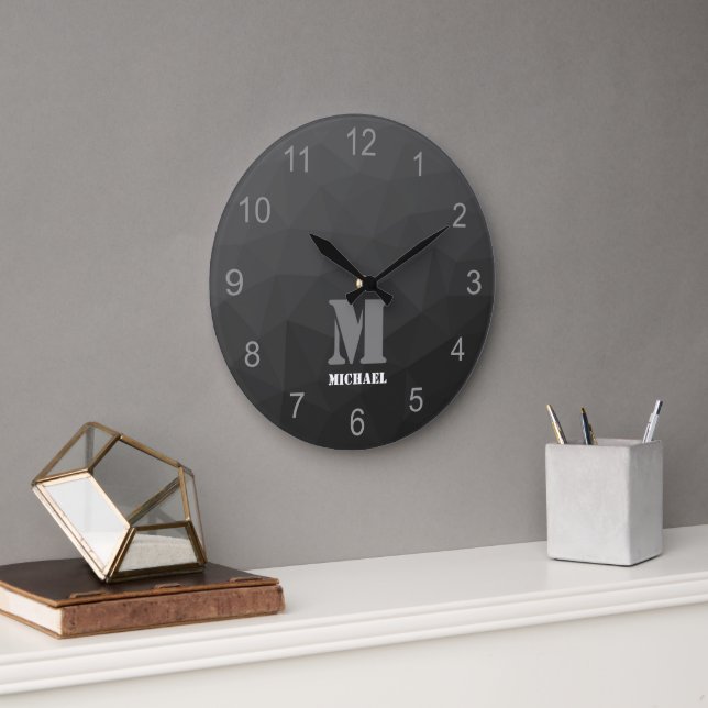 Dunkelgrau Gradient Geometric Mesh Muster Monogram Große Wanduhr (Büro)