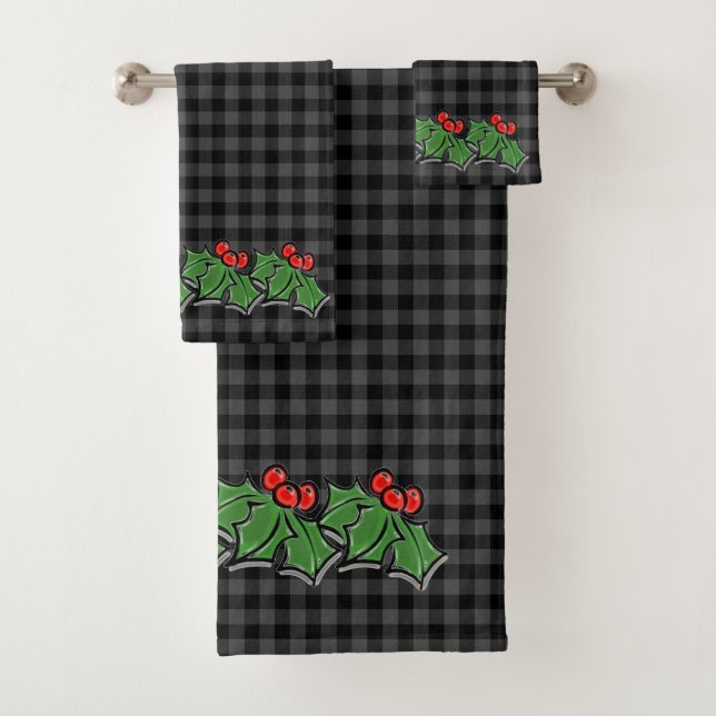 Dunkelgrau Kariert mit Holly Sprigs Badhandtuch Set (Insitu)
