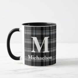 Dunkelgrau und Schwarz Kariert mit Monogrammname Tasse