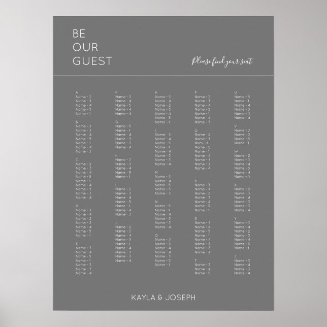 Dunkelgraue Alphabetische Hochzeitstabelle Poster (Vorne)