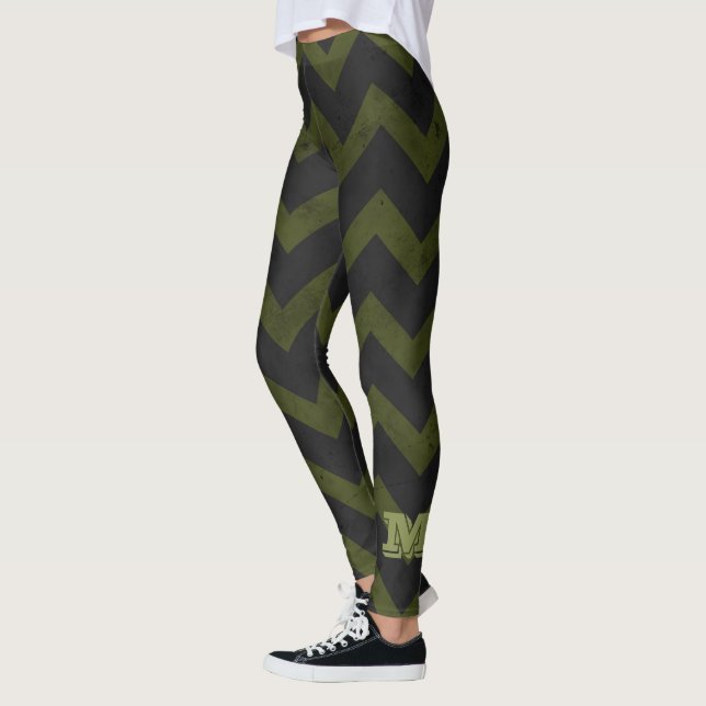 Dunkelgraue Armee grün Vintag Zickzack Monogramm Leggings (Links)