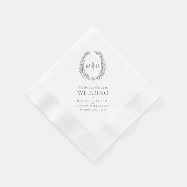 Dunkelgraue Blatt-Oval-Kranz-Monogramm-Kunsthochze Serviette (Ecke)