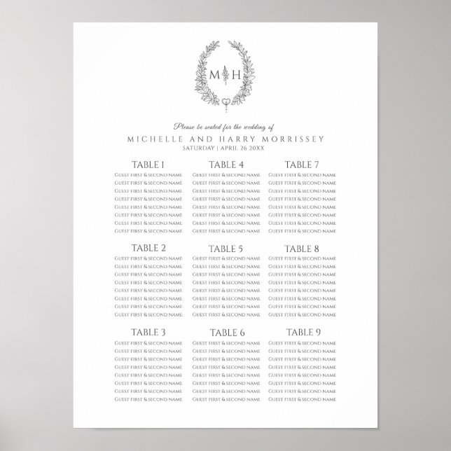 Dunkelgraue Blätter mit Hochzeitssitzplan Poster (Vorne)