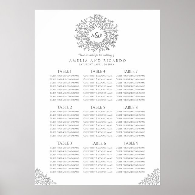 Dunkelgraue Blätter umkreisen Hochzeitssitzkarte Poster (Vorne)