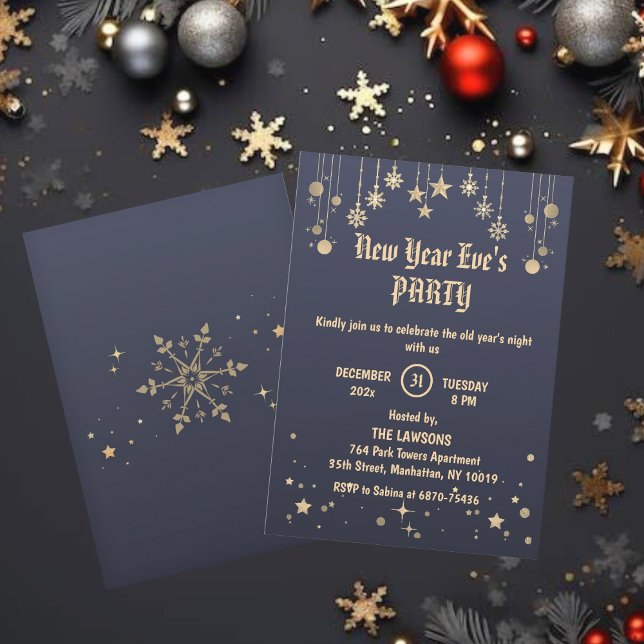 Dunkelgraue Bronzestars & Schneeflocken Neues Jahr Einladung (Von Creator hochgeladen)