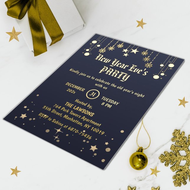 Dunkelgraue Bronzestars & Schneeflocken Neues Jahr Folieneinladung (Von Creator hochgeladen)