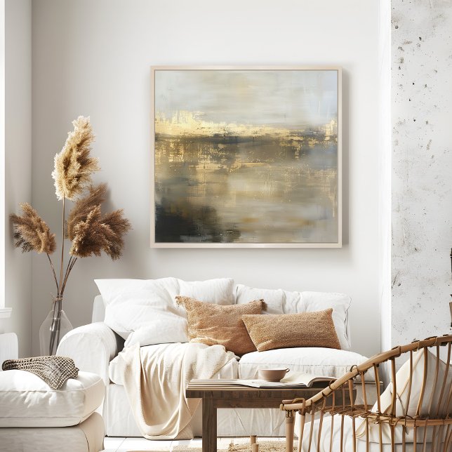 Dunkelgraue goldene Abstrakte Malereien Poster (Black Gray Gold Abstract Painting Wall Art in a neutral boho living room.)