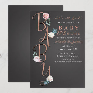 Dunkelgraue moderne florale Babyparty-Typografie Einladung