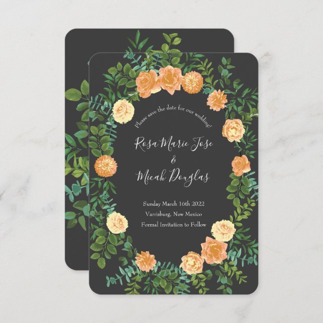 Dunkelgraue Peach Wedding Modern Floral Einladung (Vorne/Hinten)