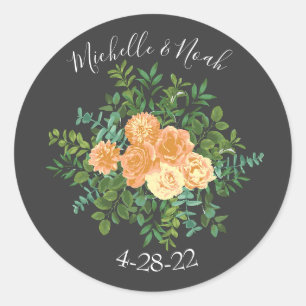 Dunkelgraue Peach Wedding Modern Floral Runder Aufkleber