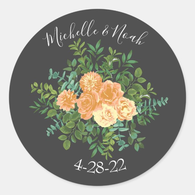 Dunkelgraue Peach Wedding Modern Floral Runder Aufkleber (Vorderseite)
